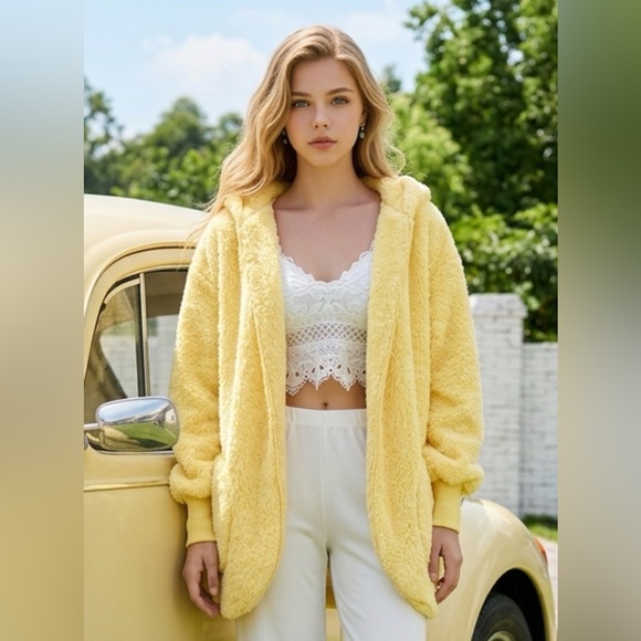 BB Collection Jackets & Blazers - Plush Hooded Teddy Coat in Bright Yellow